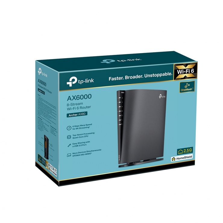 Imagine Router Wi-Fi 6 AX6000 Dual-Band cu Port de 2.5G, TP-LINK Archer AX80